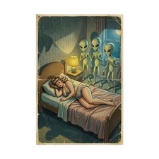 Listing image for Alien Night Visit Poster, Vintage UFO Wall Art Print, Retro Sci-Fi Decor