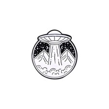 Listing image for UFO UAP Flying Saucer Mountains Enamel Pin Brooch Button + Free Gift Bag