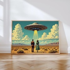 Listing image for Desert Visit Retro UFO Wall Art, Vintage Inspired UFO Sighting Poster